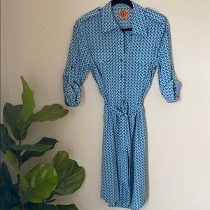 Tory Burch blue geometric silk shirt dress, size 8